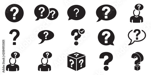 Graphic set of customer support and faq icons including people with question marks speech bubbles and help signs.