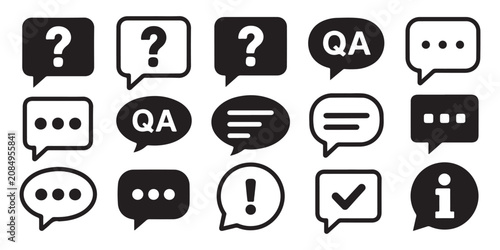 Foto Set of question mark, QA, chat bubbles, exclamation and info speech boxes, frequently asked questions symbols