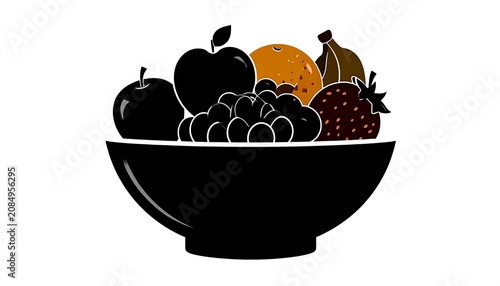 Black bowl filled with assorted fruits and nuts.