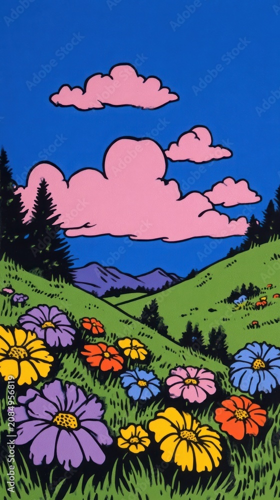 Fototapeta premium Vibrant cartoon floral landscape mobile wallpaper