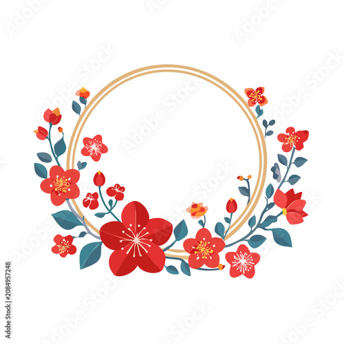 Red cherry blossom flower wreath vector illustration