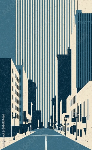 city street with tall buildings in blue screenprint