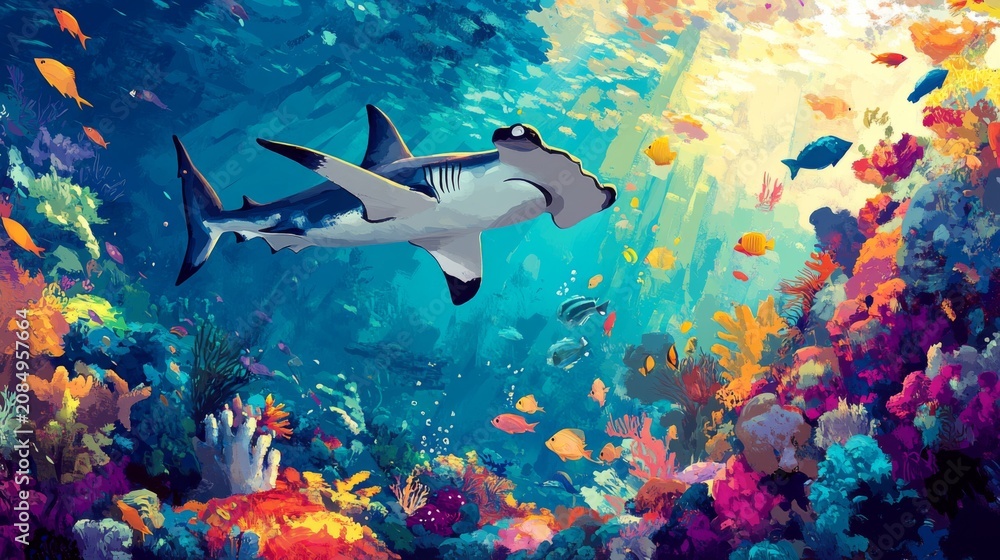 Obraz premium Colorful Underwater Scene Featuring a Hammerhead Shark Swimming Amidst Vibrant Coral and Exotic Fish
