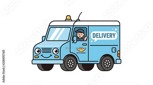 Blue delivery van with cartoon graphics on road.
