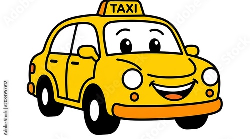Yellow taxi cab cartoon character smiling.
