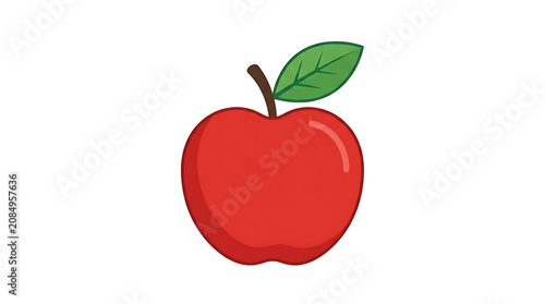 Single ripe red apple with fresh green leaf.