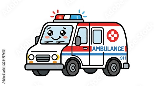Red and blue cartoon ambulance vehicle illustration.