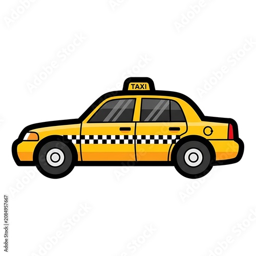 Bright yellow taxi cab with black roof and wheels.