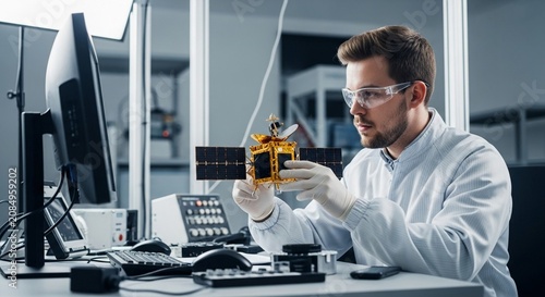 Skilled engineer meticulously inspecting a detailed satellite model in a high-tech laboratory setting