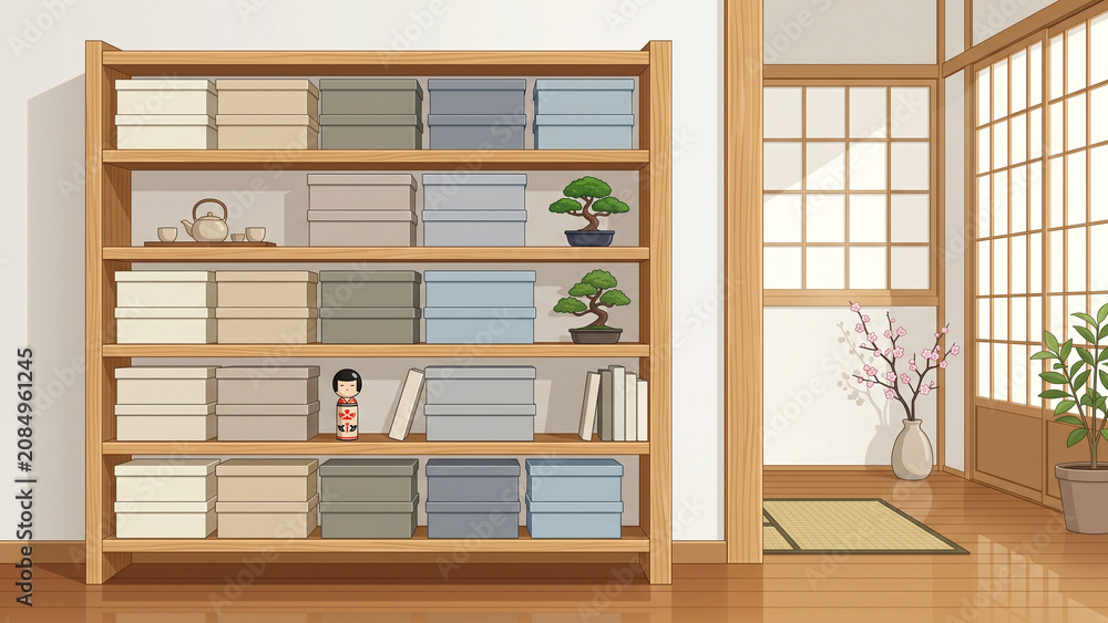 Fototapeta premium Traditional Japanese Room with Wooden Shelving Unit and Organized Storage Items