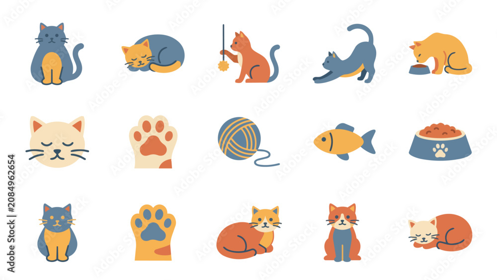 Obraz premium Colorful cat and kitten icon set for pet care designs