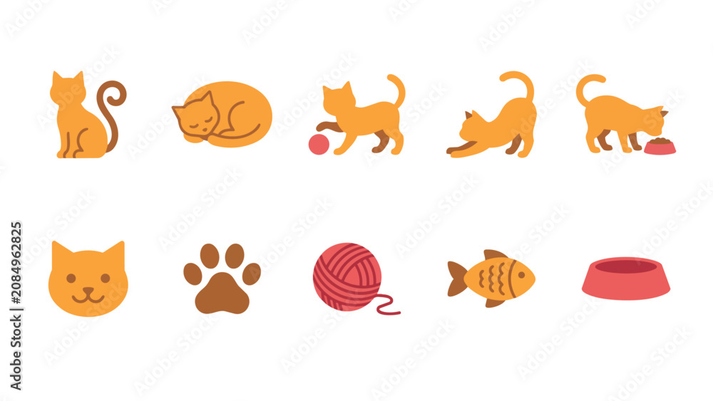 Fototapeta premium Cute orange cat icons and pet accessory vector set