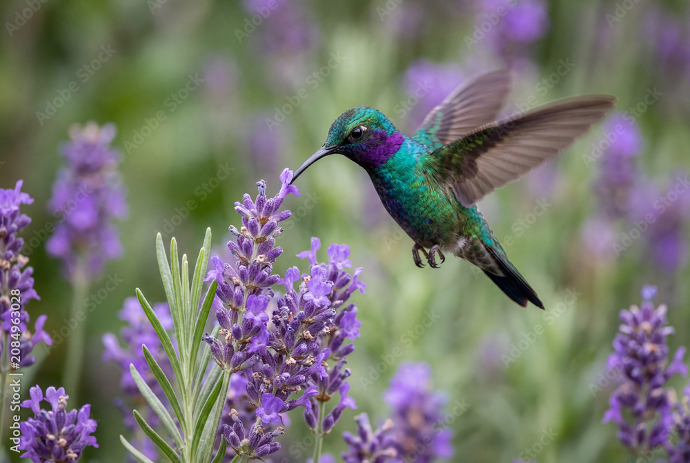 Fototapeta premium Colorful hummingbird hovering near purple lavender flowers in garden setting