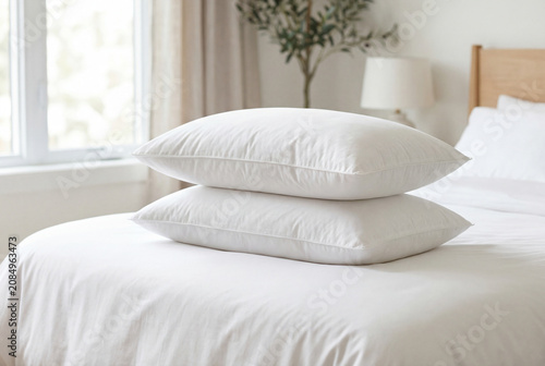 Stack of two fluffy white pillows on bed in bright modern bedroom