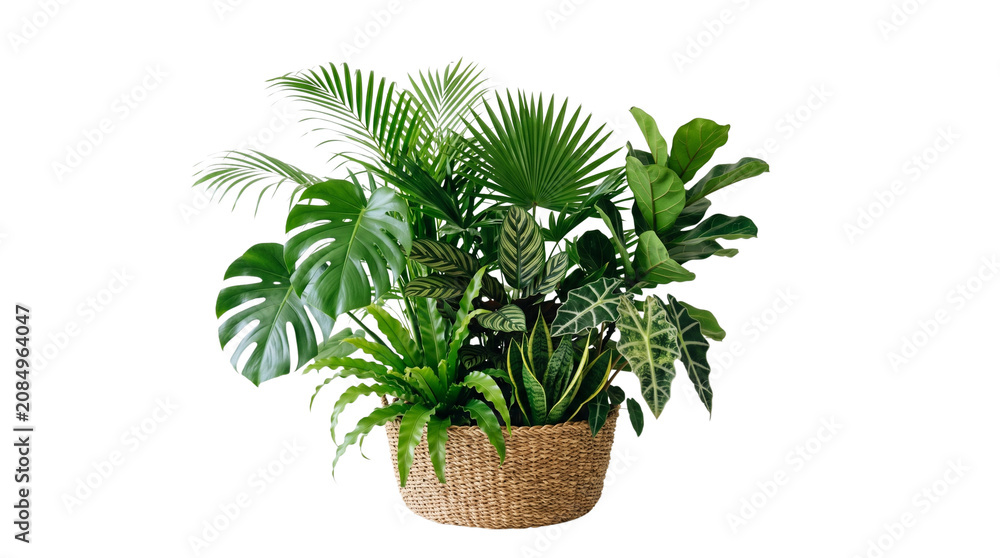 Fototapeta premium Lush collection of tropical house plants arranged beautifully inside a woven round decorative straw basket