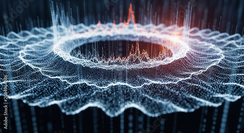 Abstract digital representation of a vibrant sound wave visualization creating intricate circular patterns with glowing peaks of energy and data streams flowing throughout the dark atmospheric