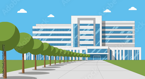 A modern, multi-story hospital or medical center building with a long tree-lined approach, representing advanced healthcare facilities and services.