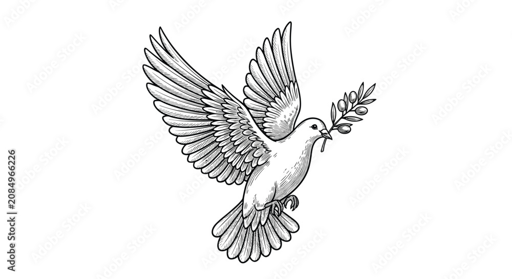 Obraz premium Symbol of peace featuring a detailed line drawing of a dove in flight carrying a small olive branch in its beak.
