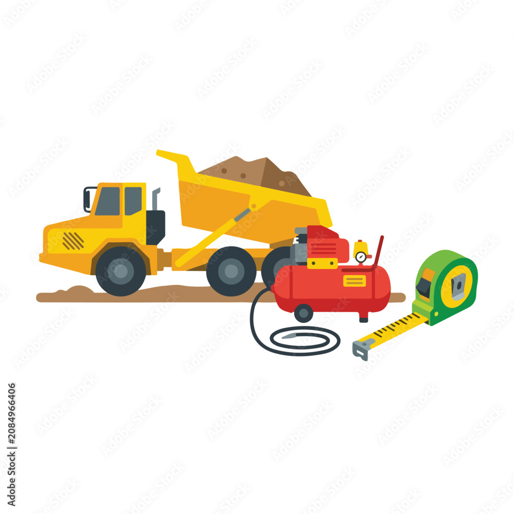 Naklejka premium This illustration features a large yellow dump truck hauling soil alongside a red air compressor and a rolled-out green measuring tape.
