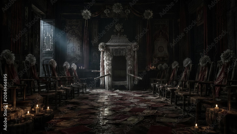 Fototapeta premium Royal Court Waiting Room: An eerie, candlelit waiting room of a royal court, with empty ornate chairs set in rows, a grand, imposing structure at the center.