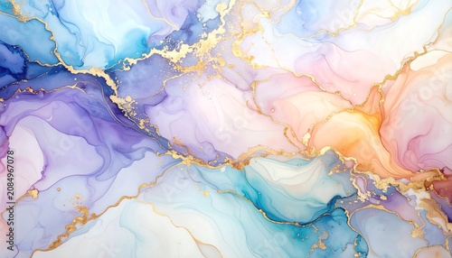 ラグジュアリーな紫×青のマーブル模様Dreamy Ink Art with Blue, Purple, and Gold Highlights	