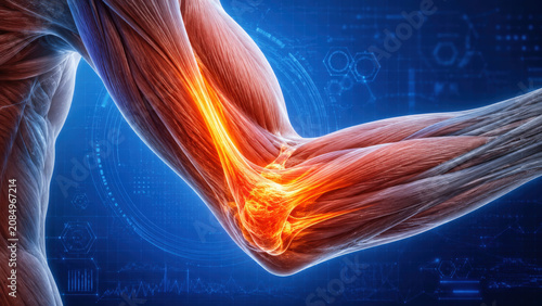 3D medical illustration showing elbow joint pain and muscle inflammation, created with Generative AI Technology, ai, generative