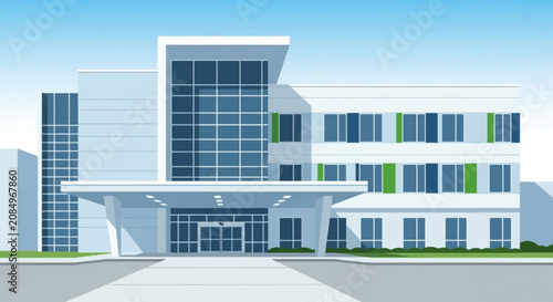 A modern, sleek hospital building featuring a prominent glass facade and welcoming entrance, symbolizing advanced healthcare and community services.