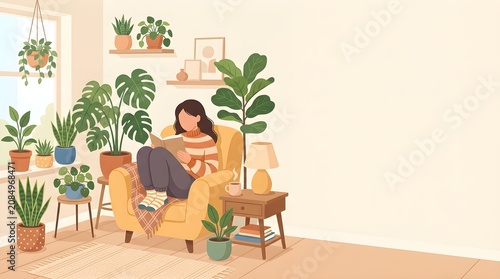 Cozy Faceless Character Reading Book at Home Digital 