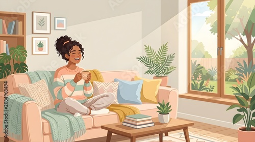 Warm Digital Illustration of Joyful Person Relaxing at Home