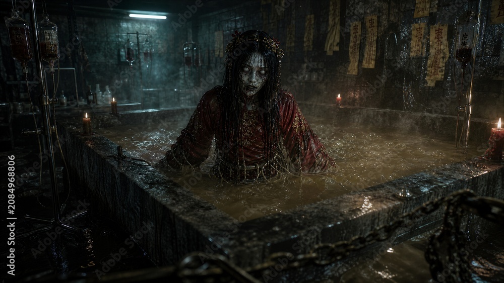 Fototapeta premium Mysterious Ritual: A woman submerged in a murky, ominous bath, surrounded by flickering candles and chains in a dimly lit, unsettling chamber, evokes a sense of dread and ancient mystery.
