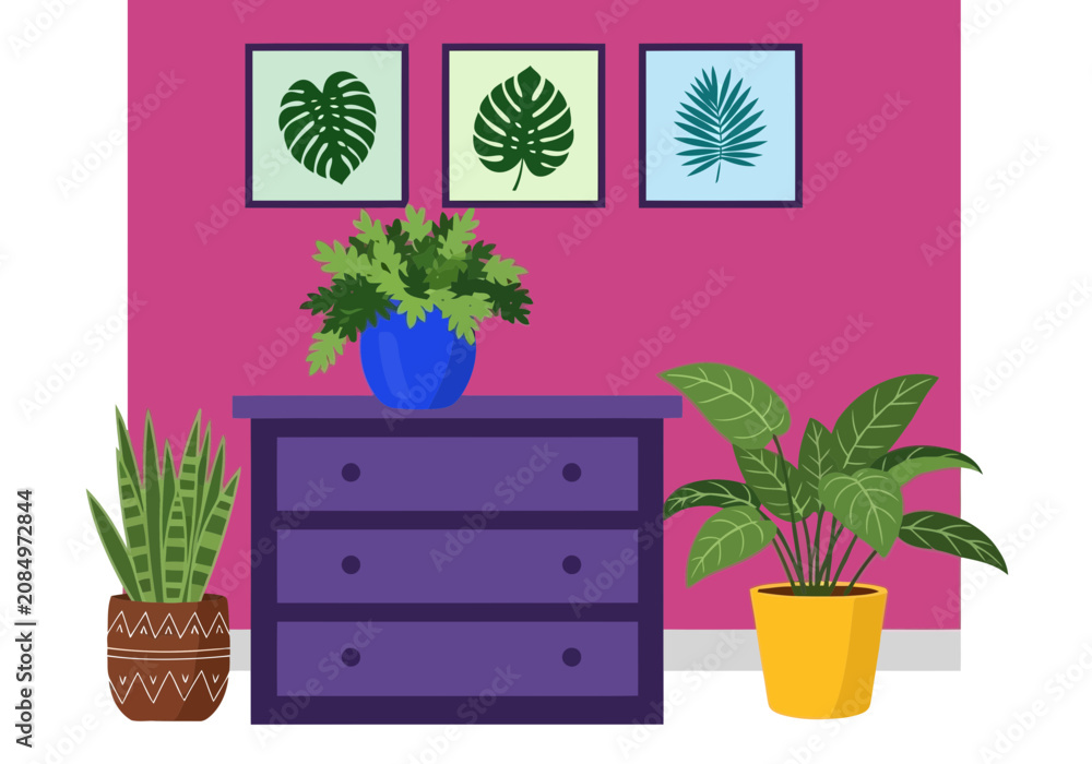 Fototapeta premium Interior design illustration with a purple dresser, potted plants, and botanical wall art