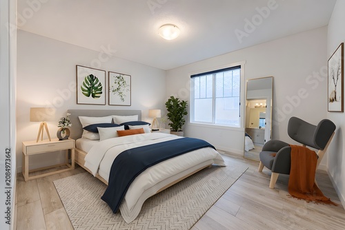 Cozy bedroom interior featuring a comfortable bed and modern minimalist design interior furniture sleeping residential comfortable nightstand flooring lifestyle relaxing