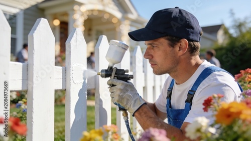 Professional Worker Spray Painting a White Wooden Picket Fence in a Bright Residential Garden with Beautiful Natural Morning Light