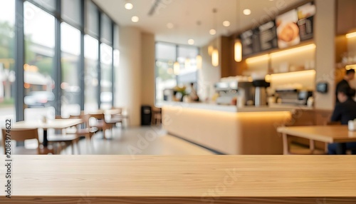 Premium wooden tabletop against an elegant cafe interior with oak, coffee, dining