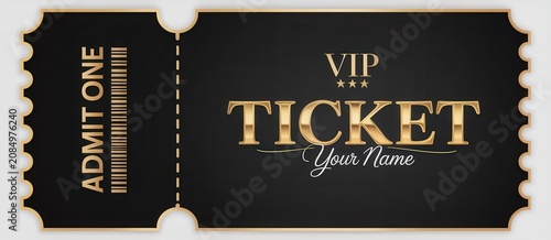 Black and Gold VIP Ticket, Admit One, Isolated on Light Background