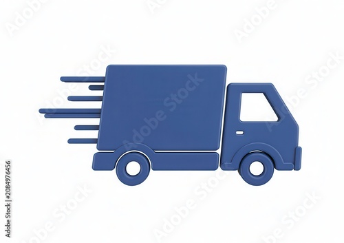Blue delivery truck icon with speed lines, isolated on white background.