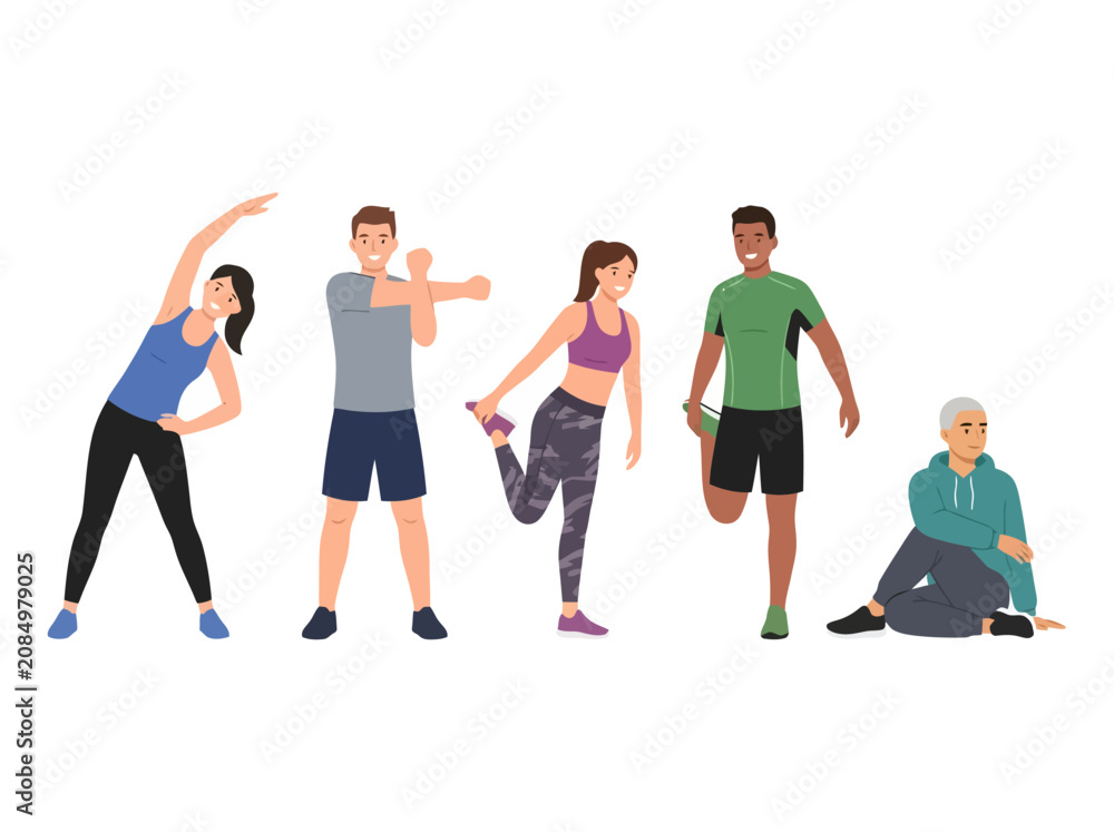 Obraz premium A diverse group of people performing various stretching and warm up exercises.