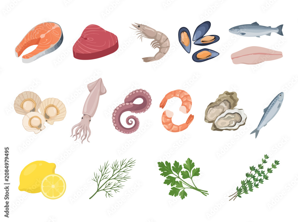 Obraz premium Hand drawn illustration of fresh seafood and aromatic herbs.