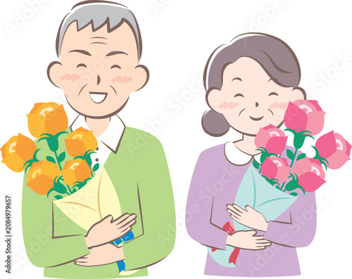 バラの花束をもらったおじいちゃんとおばあちゃん　敬老の日