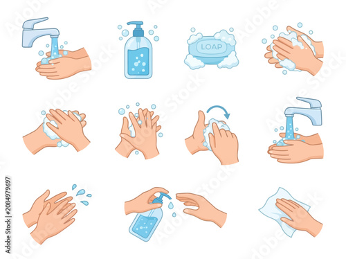 A collection of hand washing and hygiene icons showing various steps and tools.