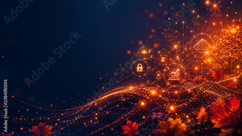Autumn digital technology background with glowing orange network connections, security lock, growth chart, cloud and team icons, digital tree and maple leaves on dark blue, wide banner with copy space
