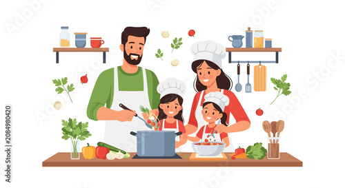Joyful family cooking delicious vegetable soup together in a bright kitchen