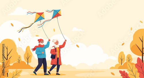 Joyful senior couple flying colorful kites together in a warm autumn outdoor setting