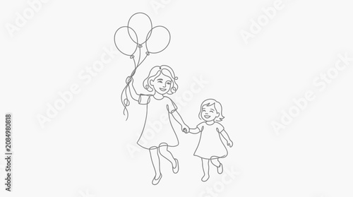 Two happy girls holding hands and balloons, line art illustration