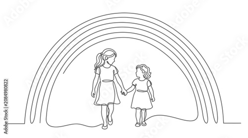 Two girls holding hands under a rainbow, continuous line drawing
