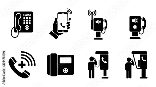 Canvastavla Telephone Icons Set: Landline, Mobile, Payphone, Emergency Call, Communication D