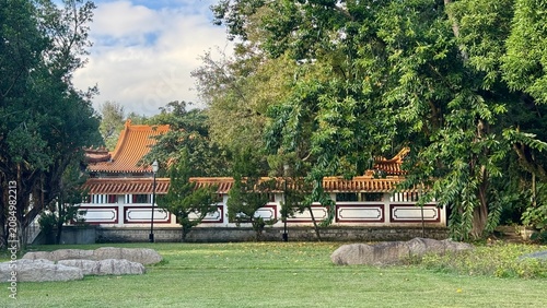 Peaceful courtyard and wall of a traditional Chinese temple