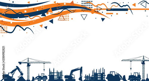 Foto Construction Site Silhouette: Cranes, Excavators, and Buildings Under Constructi
