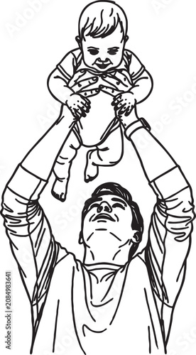 Fotografija Line art illustration of a father lifting his baby son high up in the air with p