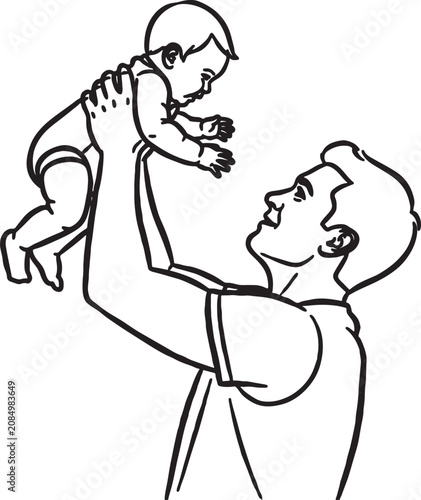 Tablou pe pânză Minimalist black and white outline drawing of a father holding up his baby with